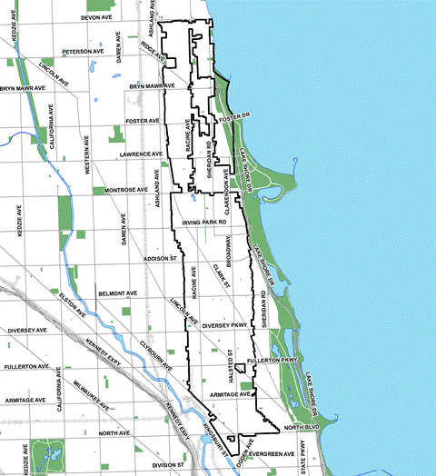 Red Purple Modernization Phase One TIF district, roughly bounded on the north by Devon Avenue, Evergreen Avenue on the south, Wells St., Broadway and the Lakefront on the east, and Clybourn and Southport Avenues and Clark Street on the west.